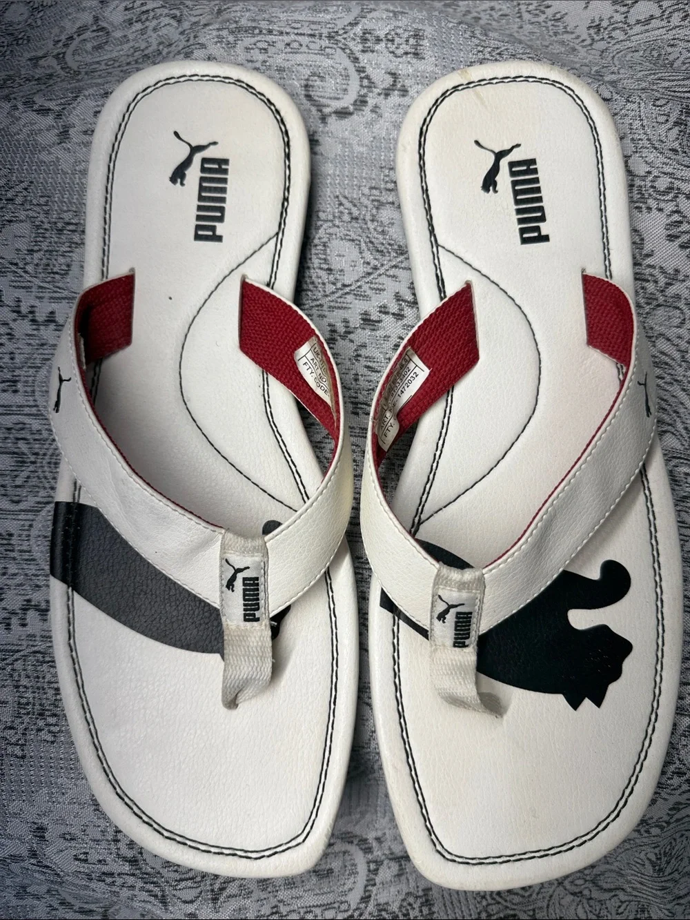 Puma White Flip Flops with Black Puma Print and Red Strap Accents - Size 12
